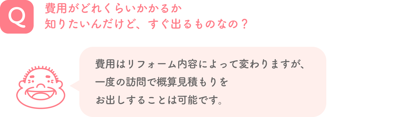Q. 費用がどれくらいかかるか知りたいんだけど、すぐ出るものなの? A. 費用はリフォーム内容によって変わりますが、一度の訪問で概算見積もりをお出しすることは可能です。